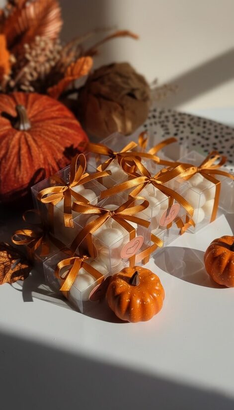 Personalizēta kāzu svece viesiem ar ruda lentīti – rudens dizains